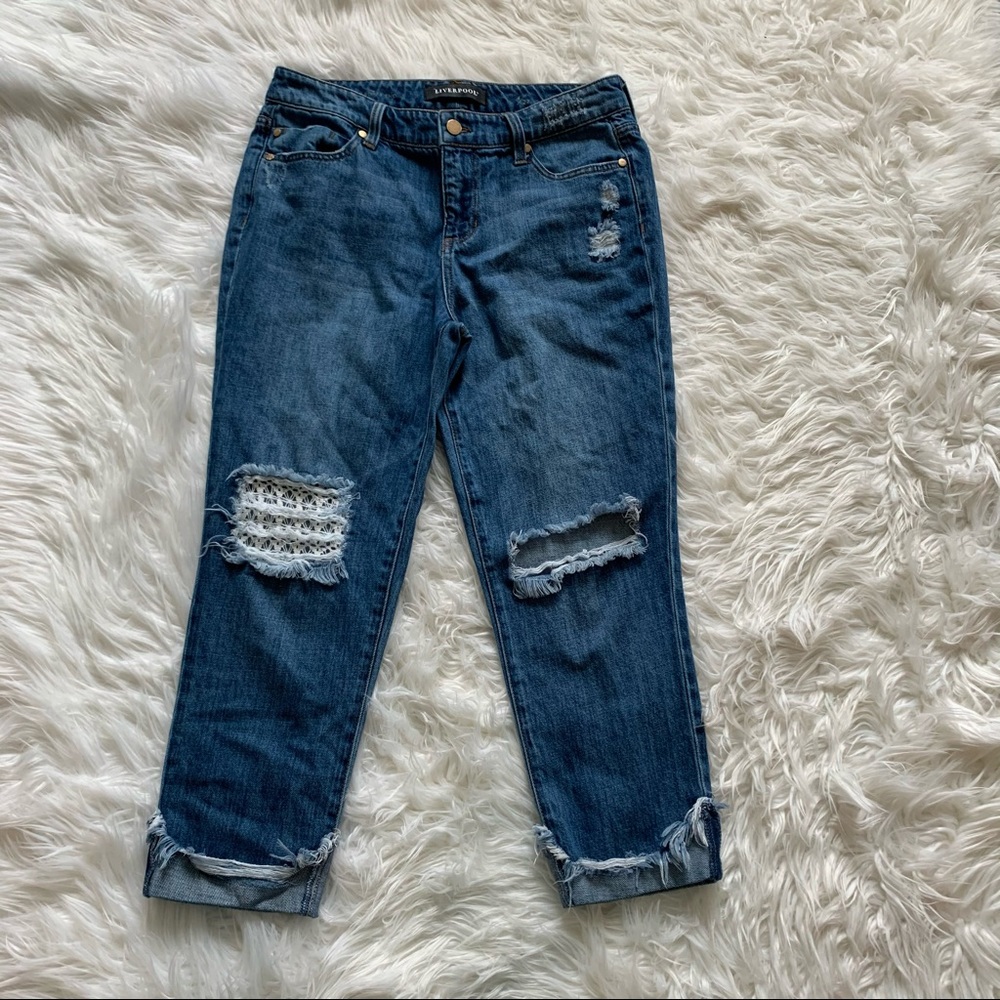 Liverpool Crop Boyfriend Distressed Crochet Jeans